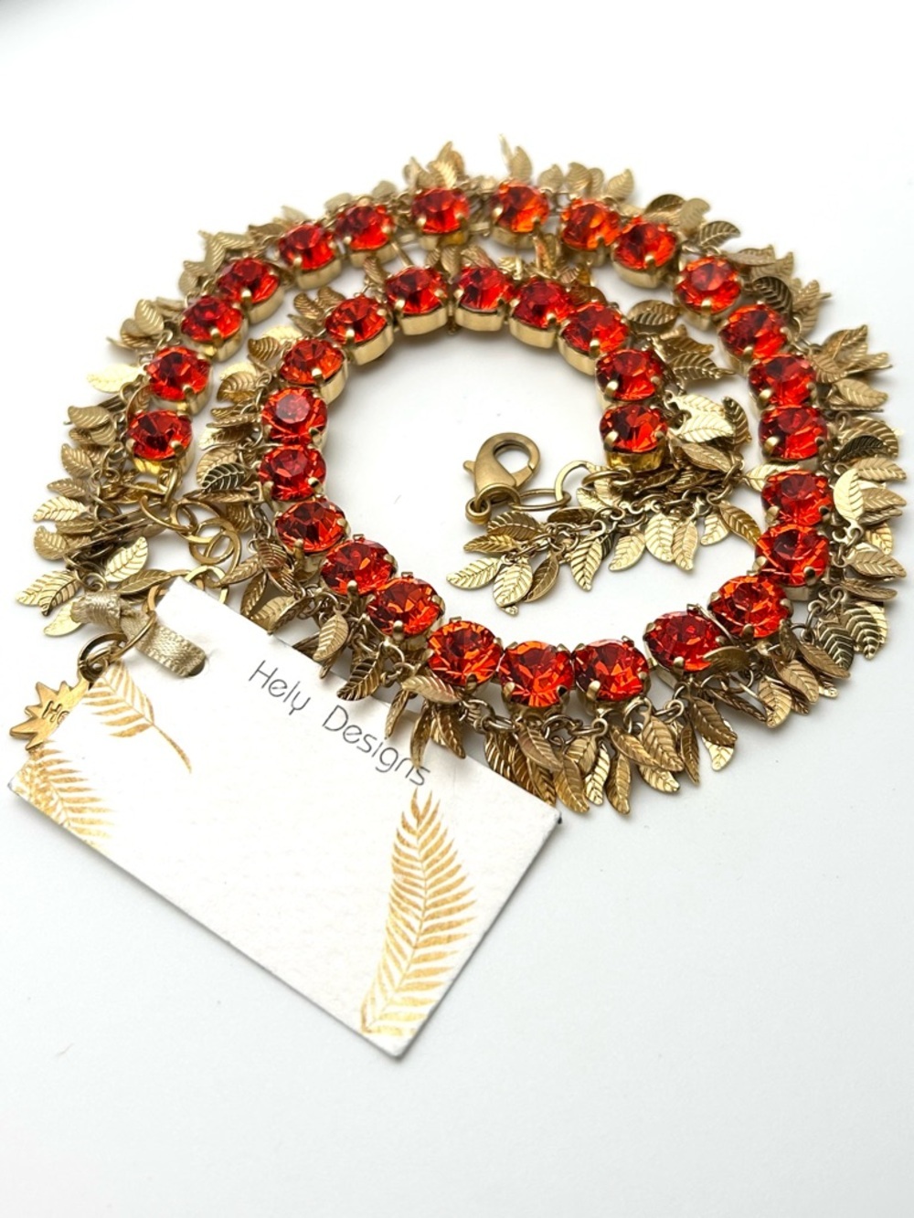 Hely Designs Fiery Orange/Red Swarovski Crystal Leaf Necklace NWT